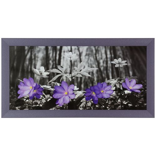 Kunstdruck Bild Wandbild gerahmt 33x70 cm Blumen Wald schwarz weiß lila