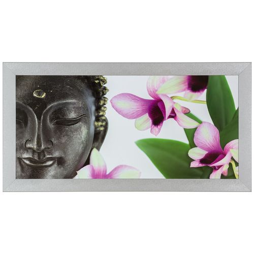 Kunstdruck Wandbild gerahmt 33x70 cm Wellness Buddha Blumen lila grün weiß