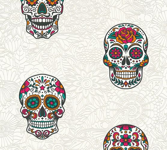 Vliestapete Sugar Skull Totenkopf weiß bunt Glitzer Glanz 35847-2