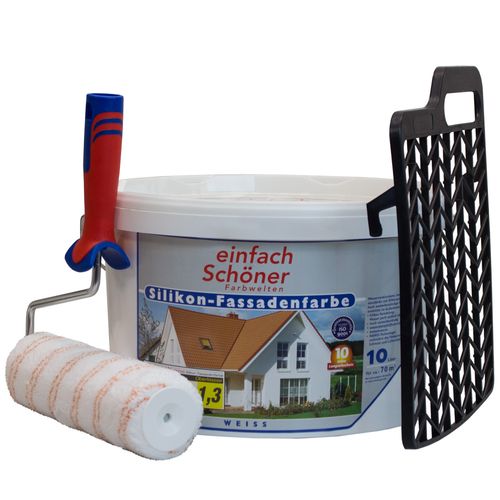 Einfach Schöner Silikon-Fassadenfarbe weiß 10 Liter + Streich Set