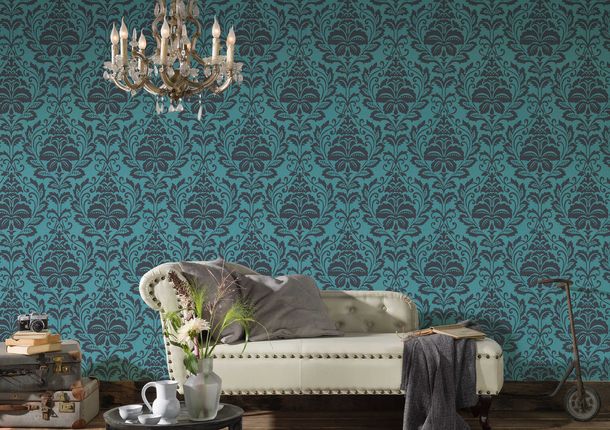 Raumbild Vliestapete Barock Samt blau schwarz metallic 36910-5