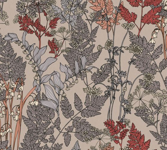 Vliestapete Floral Blätter beige rot grau 37751-2