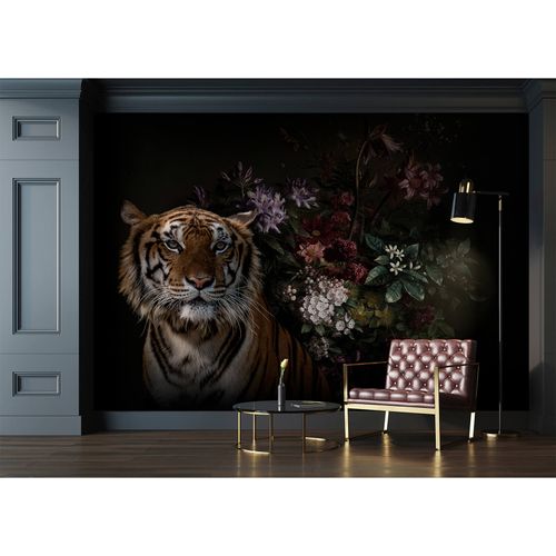 Artikelbild Fototapete Vlies Premium Tiger Blumen orange schwarz