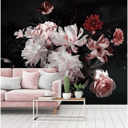 Raumbild Fototapete Vlies Blumen Blüten Floral weiß rot schwarz