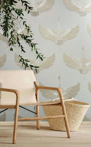 Vliestapete Vögel Textil Optik Weiß Beige Metallic Raum