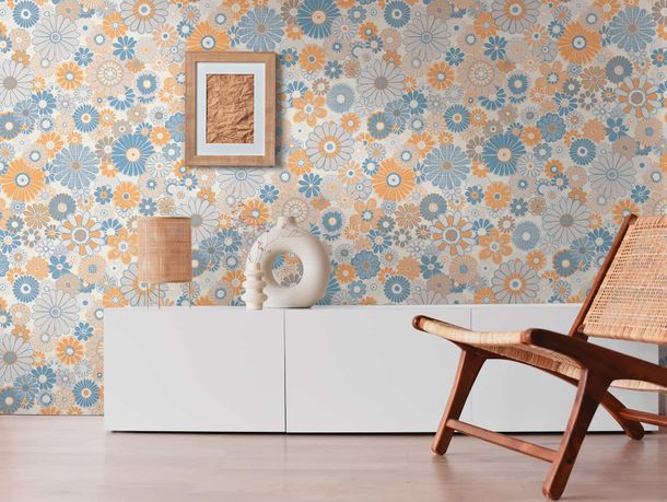 Vliestapete Blumen Retro Floral Blau Orange 39535-2 Wohnzimmer