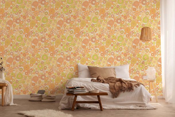 Vliestapete Blumen Retro Floral Orange Grün 39535-5 Schlafzimmer