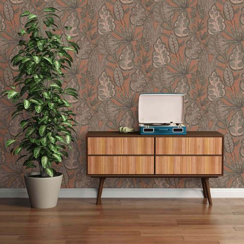 Vliestapete Blätter Illustration Orange Braun 39346-2 Zimmer