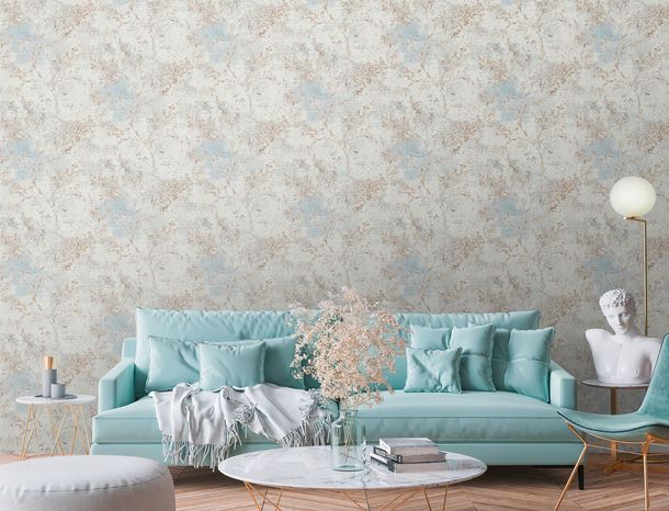 Vliestapete Floral Weiß Grau Beige Blau 39650-2 Wohnzimmer