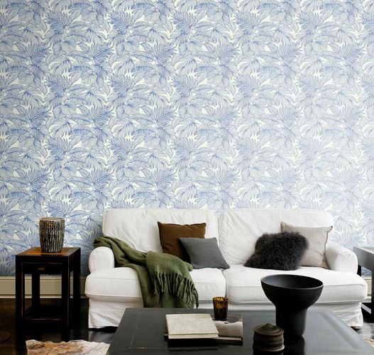 Vliestapete Rasch Blätter Farn Weiß Blau 865110