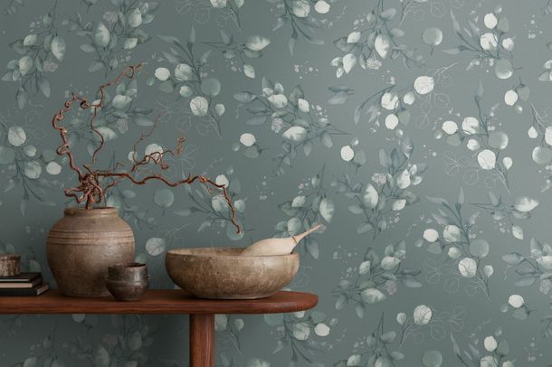 Vliestapete Floral Grün Silber Metallic 39768-3 Raum