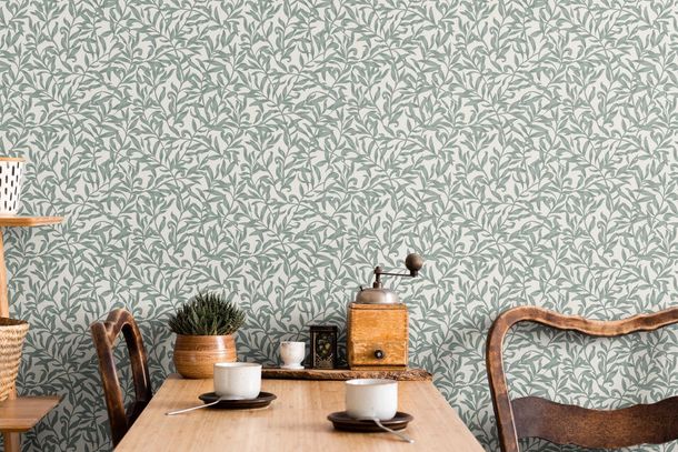 Vliestapete Floral Blätter Motiv Grau Türkis 47639 Raumbild