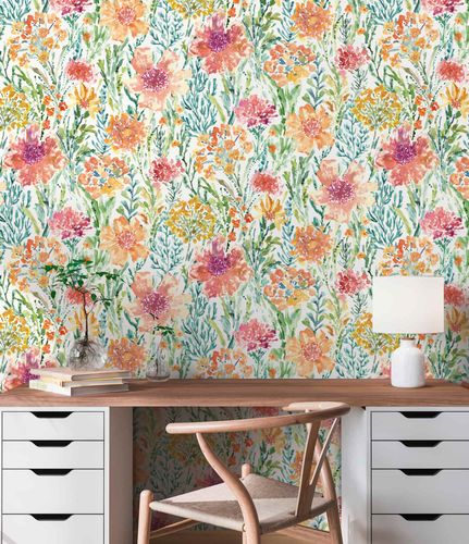 Vliestapete Floral Abstrakt Weiß Grün Orange 39695-1 Wohnzimmer