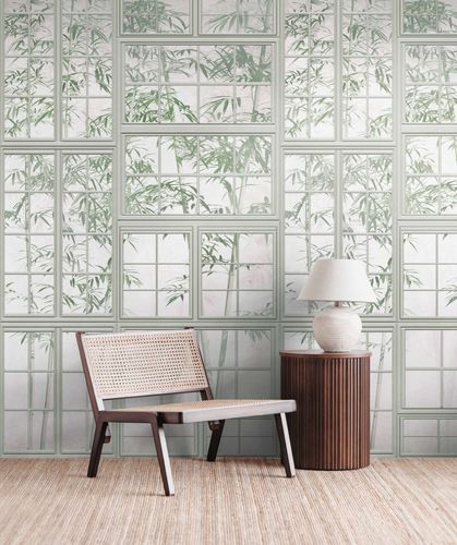 Fototapete Fenster Bambus Floral Creme Grün 39846-1 Raum