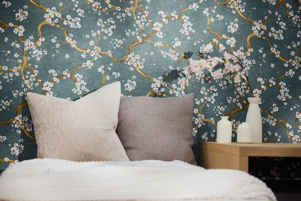 Vliestapete Floral Blütenzweig Blau Gold Metallic 78199-4 Raum