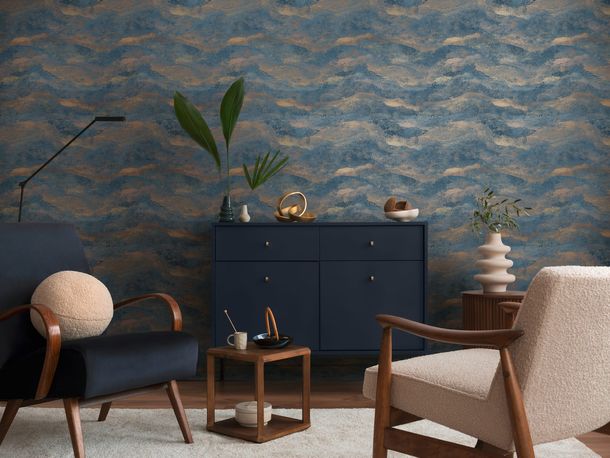 Vliestapete Wellen Abstrakt Blau Gold Metallic 78656-1 Wohnzimmer