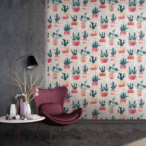 Vliestapete Floral Kaktus Aquarell Grau Grün Rot 81652