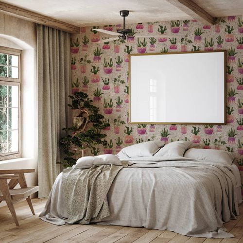 Vliestapete Floral Kaktus Aquarell Grau Grün Lila 81653