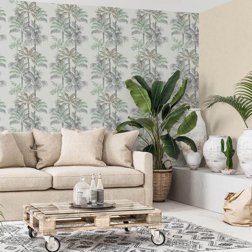 Vliestapete Dschungel Palmen Beige Grün Grau 82457