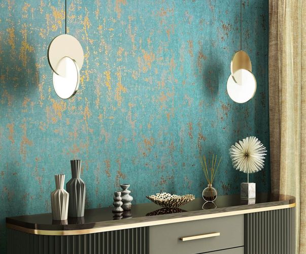 Vliestapete Betonoptik Shabby Türkis Gold Metallic 35164