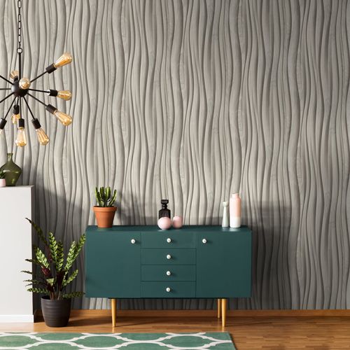 Vliestapete Holzoptik Wellen Grafik Beige Grau 81666