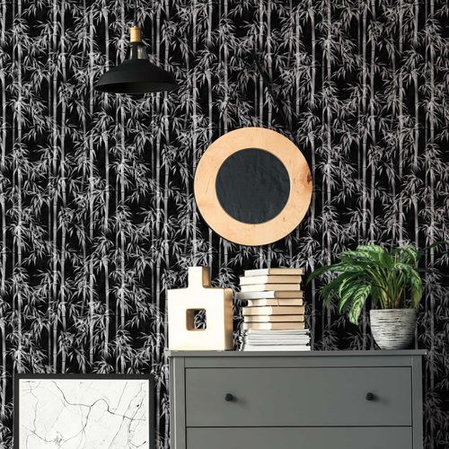 Vliestapete Floral Bambus Blätter Schwarz Grau 81672