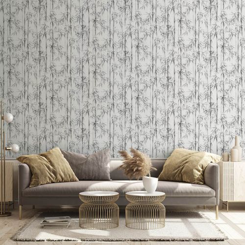 Vliestapete Floral Bambus Blätter Weiß Grau 81673