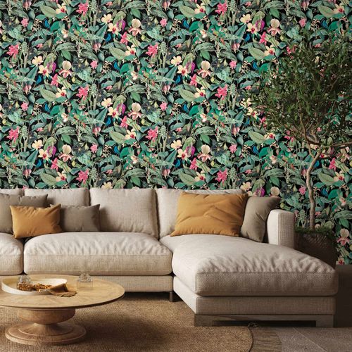 Vliestapete Tropisch Floral Schwarz Grün Rosa 81685