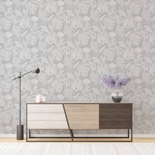 Vliestapete Unterwasser Floral Grau Weiß 81687