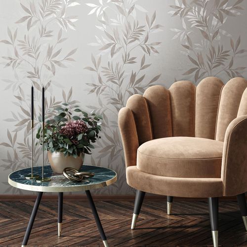 Vliestapete Blätter Weiß Beige Silber Metallic 82459