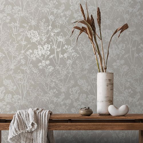 Vliestapete Floral Wildblumen Grau Weiß Glanz 82464