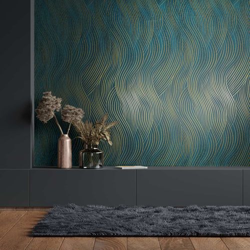 Vliestapete Grafisch Wellen Petrol Gold Metallic 82477