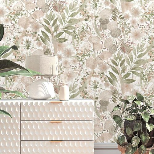 Vliestapete Blätter Floral Weiß Rosa Grün 10506-05 Raum