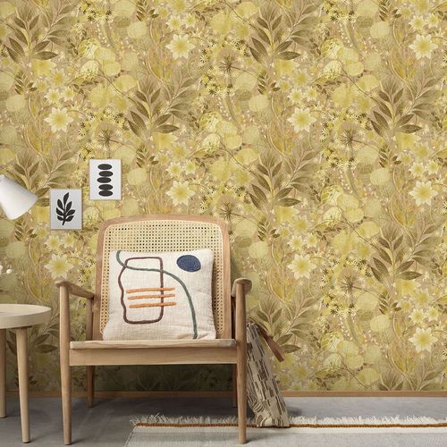 Vliestapete Blätter Floral Beige Gelb Braun 10506-20 Raum