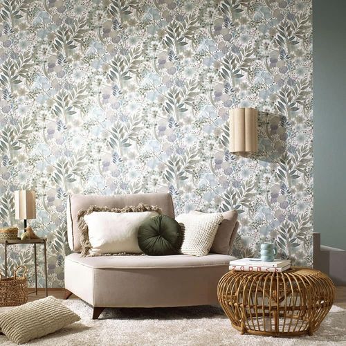 Vliestapete Blätter Floral Weiß Grün Blau 10506-24 Raum