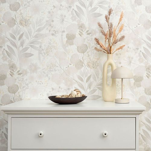 Vliestapete Blätter Floral Weiß Grau Beige 10506-31 Raum
