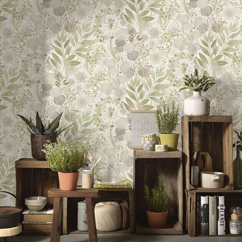 Vliestapete Blätter Floral Weiß Grün Braun 10506-35