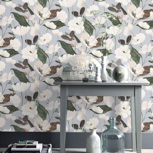 Vliestapete Floral Blumen Grau Grün Creme 10508-31 Zimmer
