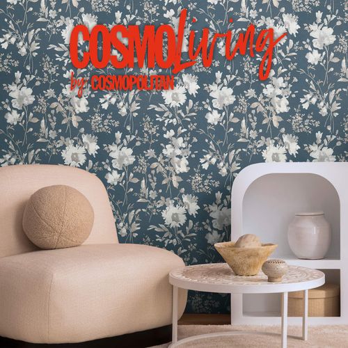 Vliestapete Blumen Aquarell Blau Silber Metallic 79061-5 COSMOLiving