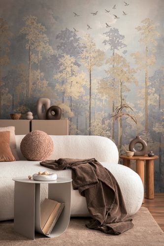 Fototapete Vlies Wald Aquarell Bäume Blau Beige 79144-7 Raum