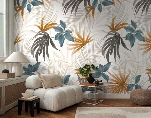 Fototapete Vlies Tropisch Blätter Weiß Beige 79145-1 Raum