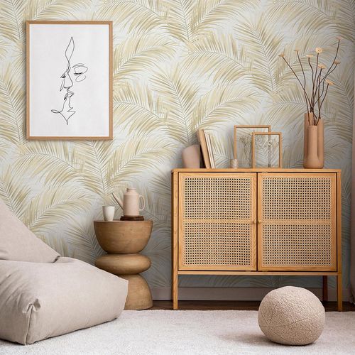Vliestapete Blätter Dschungel Weiß Beige 10531-02 Raum