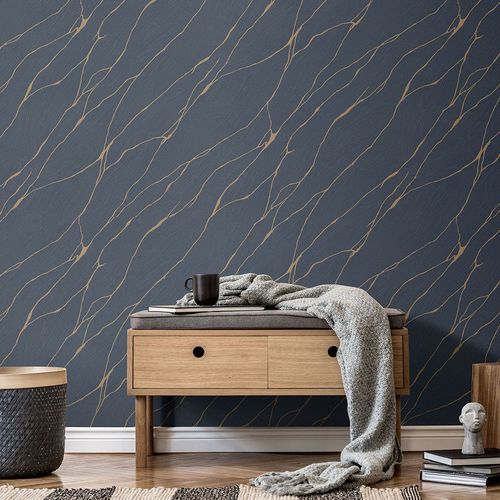 Vliestapete Wellen Maserung Blau Gold Metallic 10440-08 Raum