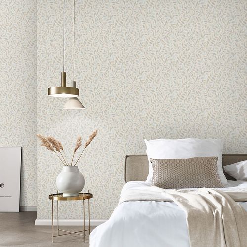 Vliestapete Blätter Ranken Creme Blau Grün 10462-02 Raum