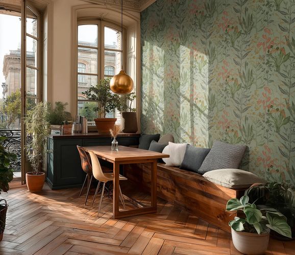 Vliestapete Floral Tropisch Grün Orange Beige 79009-3 Raum