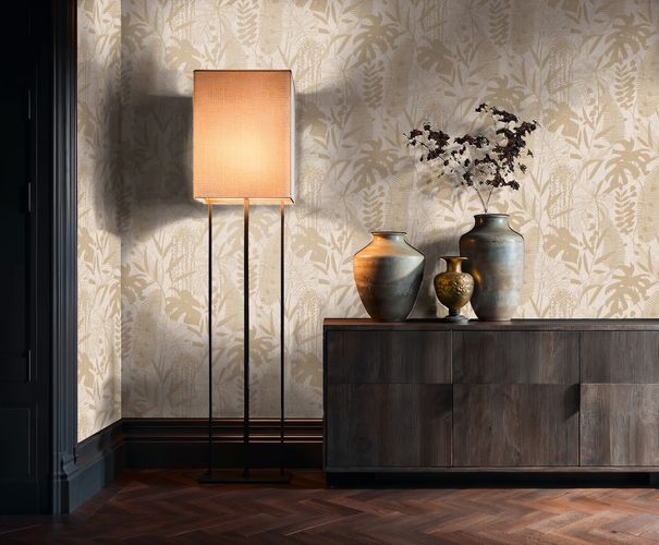 Vliestapete Blätter Tropisch Grau Beige Metallic 79164-1 Raum
