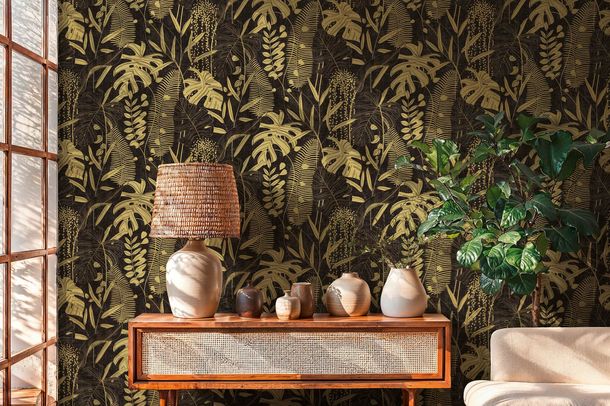 Vliestapete Blätter Tropisch Schwarz Gold Metallic 79164-3 Raum