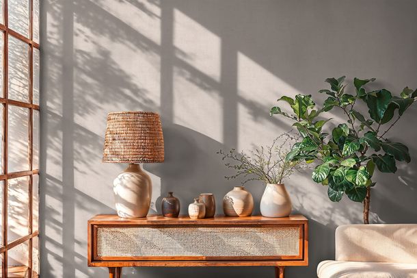 Vliestapete Einfarbig Leinen Optik Grau Beige 79165-3 Raum