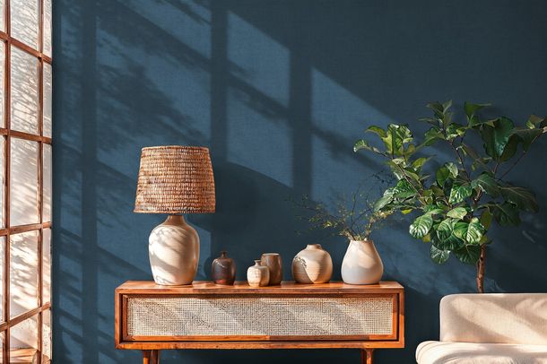 Vliestapete Einfarbig Leinen Optik Dunkelblau 79165-8 Raum