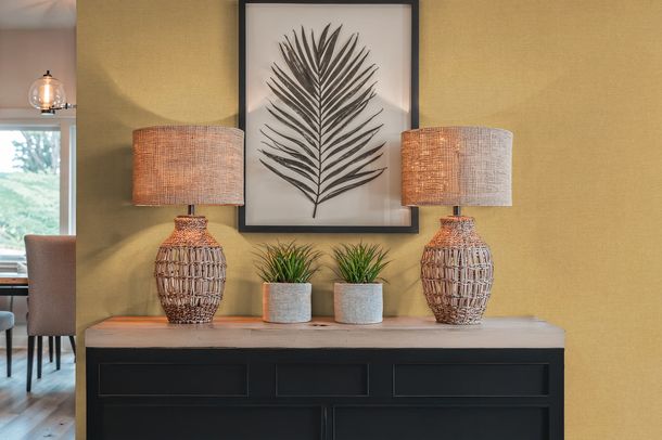 Vliestapete Einfarbig Leinen Optik Gelb 79166-3 Raum